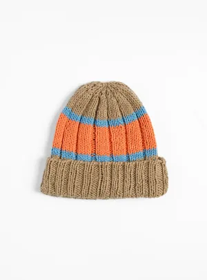 Hand Knit Beanie Beige & Orange