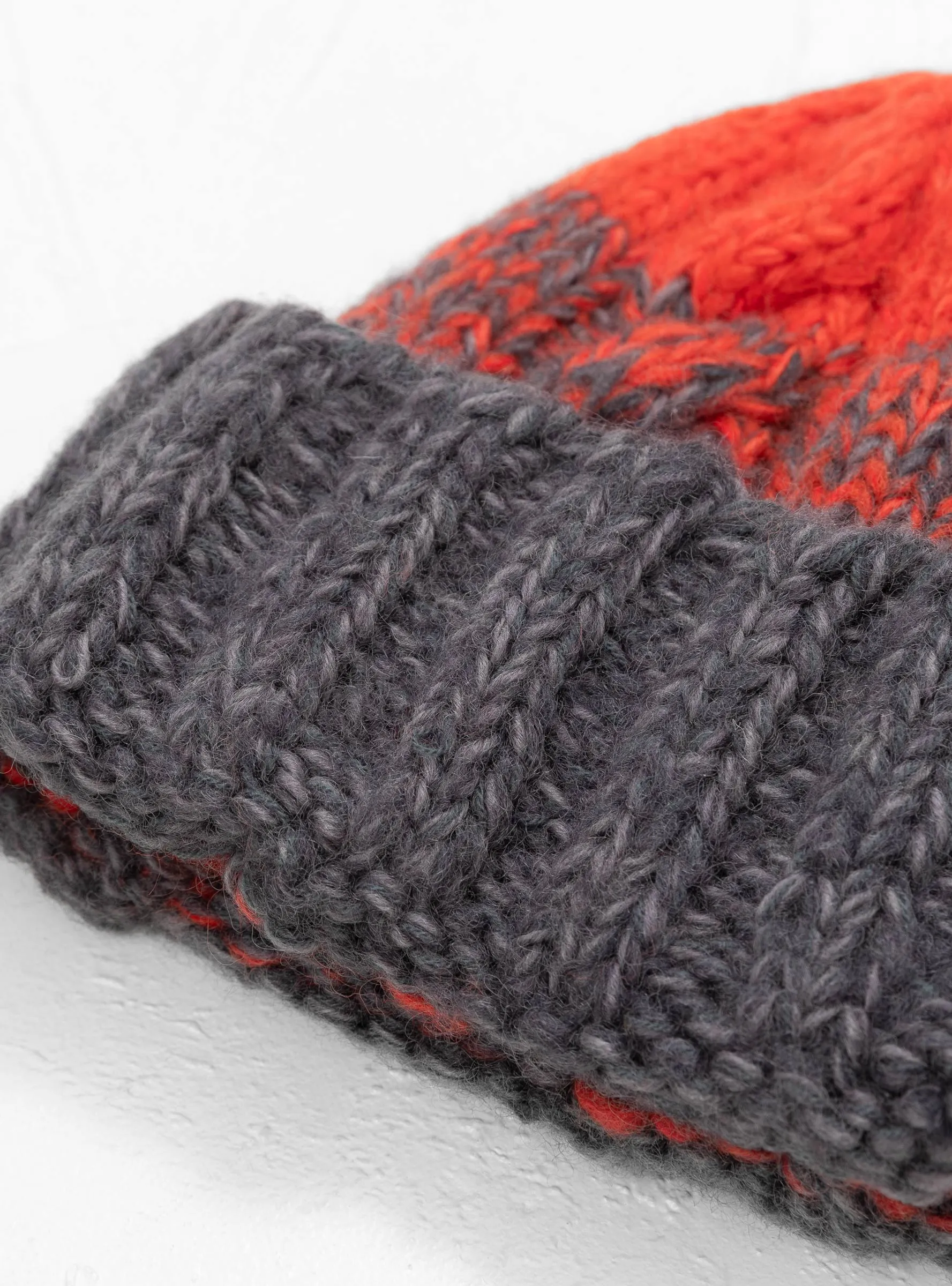 Hand Knit Fisherman Beanie Grey & Red
