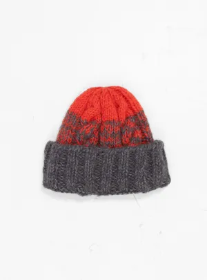 Hand Knit Fisherman Beanie Grey & Red