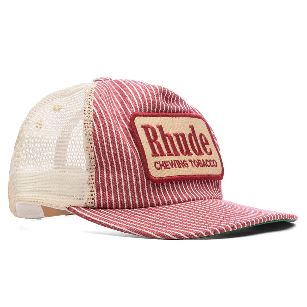 Red Striped Tobacco Trucker Hat - Red/Off White
